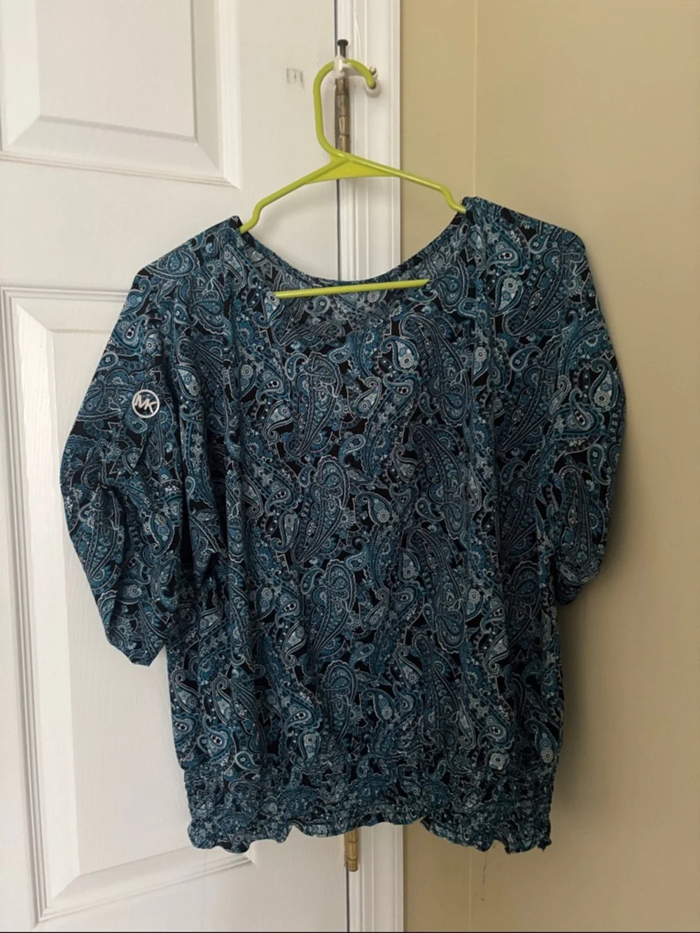 Michael Kors Teal and Navy Paisley Puff-Sleeve Top